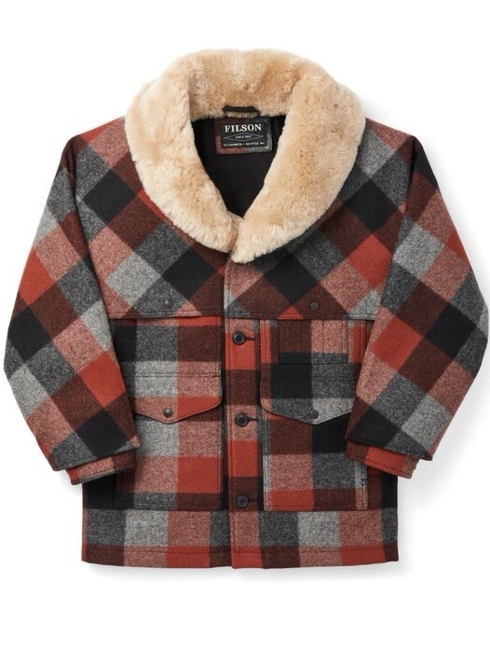 FILSON - Lined Mackinaw Wool Packer Coat in Black / Charcoal / Rust, Men’s 3XL